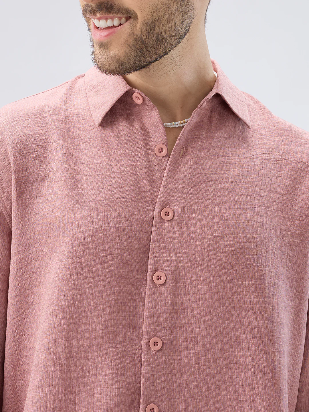 Turkish Rose Pink Slub Textured Side-Slit Button Oversized Crop Shirt - Image 3