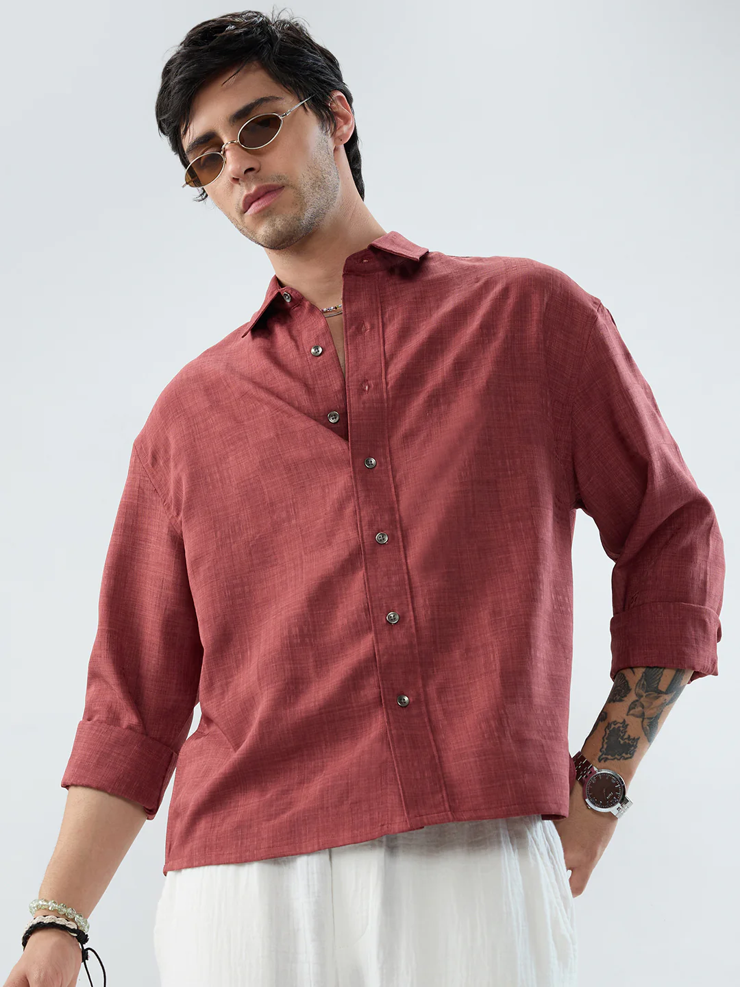 Vermillion Red Soft Grid Textured Boxy Fit Crop Shirt - Image 4