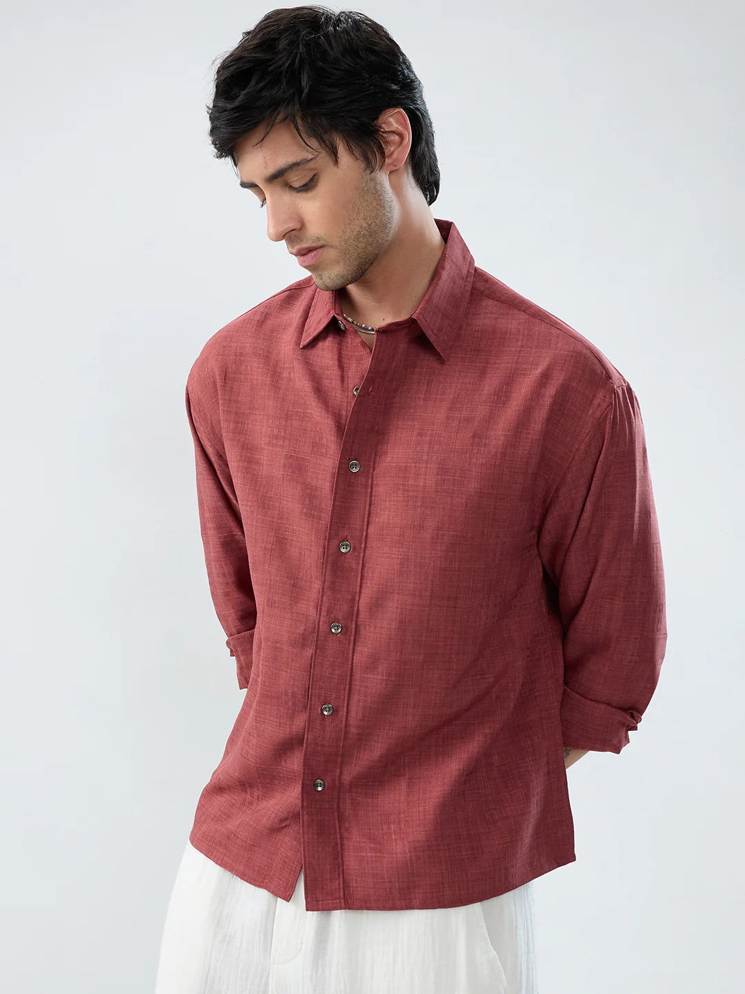 Vermillion Red Soft Grid Textured Boxy Fit Crop Shirt - Image 5