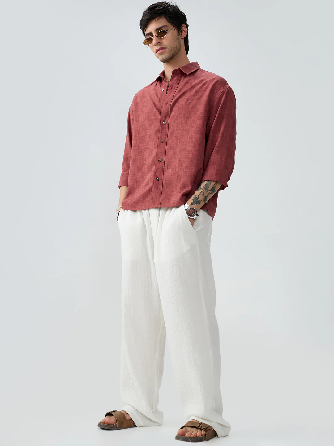 Vermillion Red Soft Grid Textured Boxy Fit Crop Shirt - Image 7