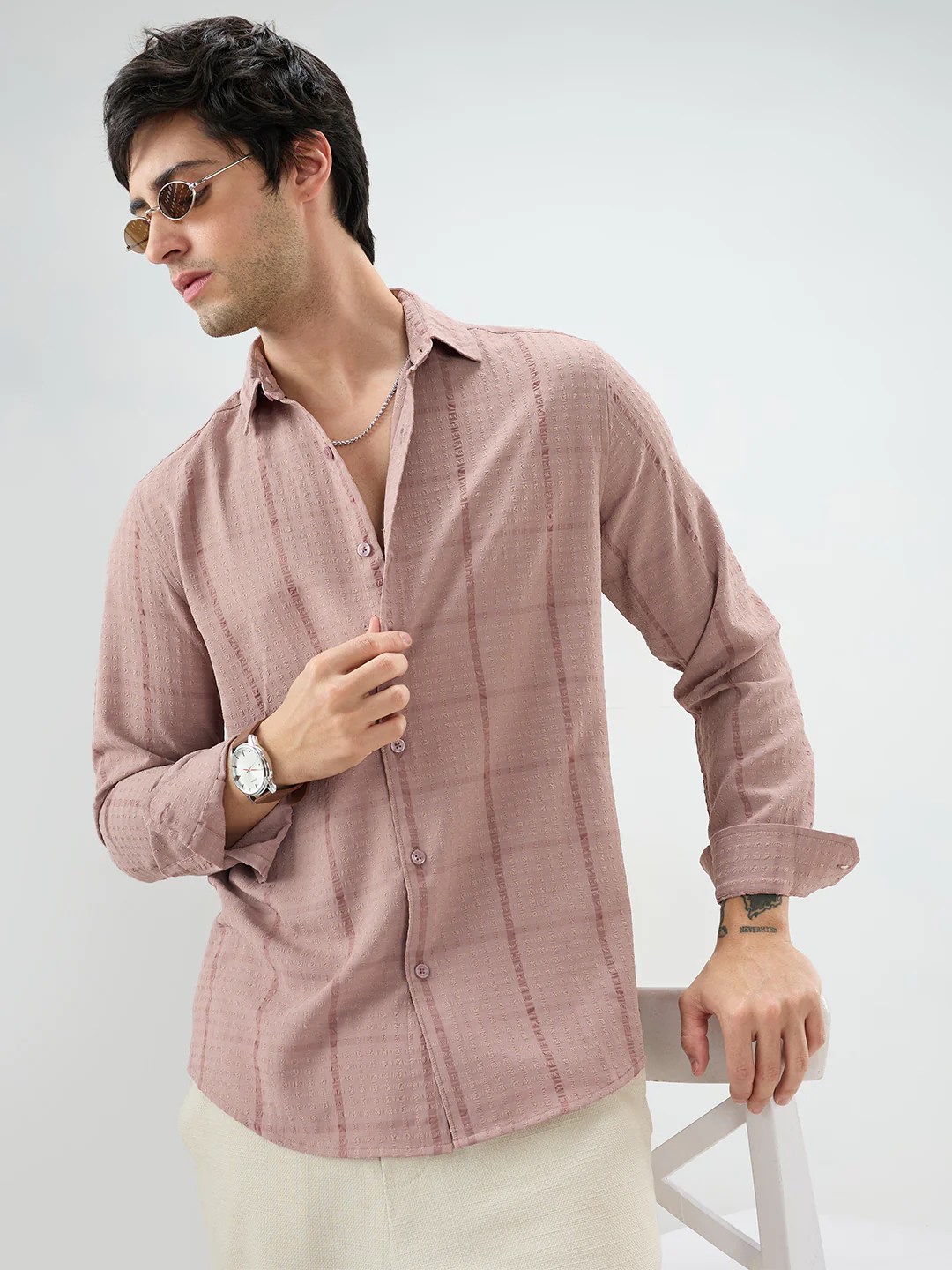 Vintage Peach Micro Checks Textured Shirt