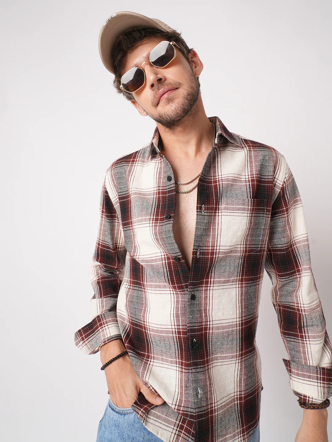 Vintage White & Black Plaid Checks Textured Shirt