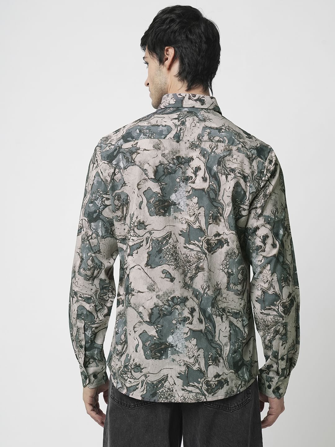 Viridian Green Abstract Printed Creased Shirt - Image 6
