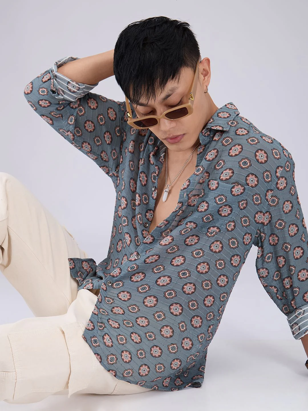 Voguish Grey Motifs Streaky Dobby Shirt - Image 2