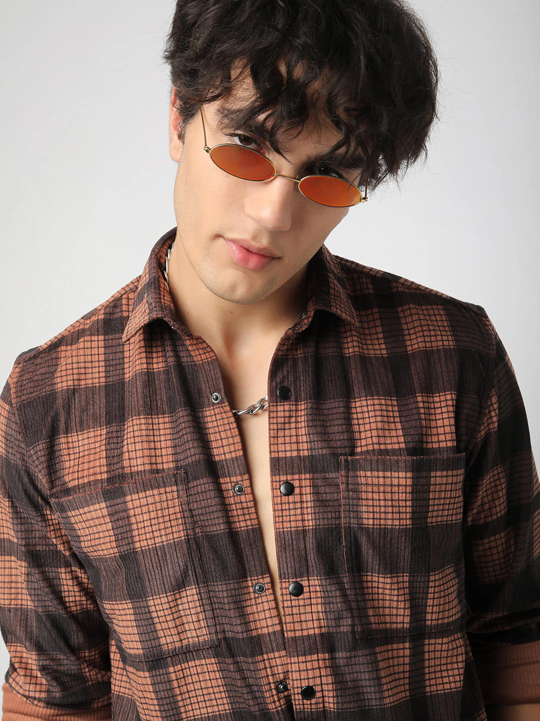 Walnut Brown Checked Double Pocket Corduroy Shirt