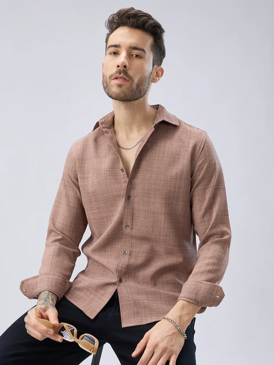 Walnut Brown Subtle Weave Textured Shirt
