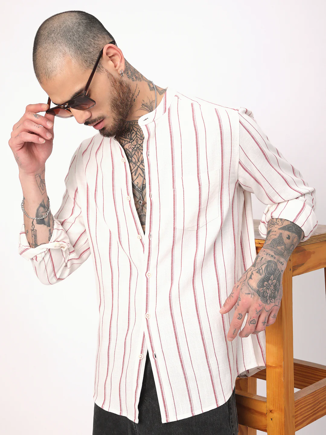 White & Maroon Pin Striped Shirt - Image 2