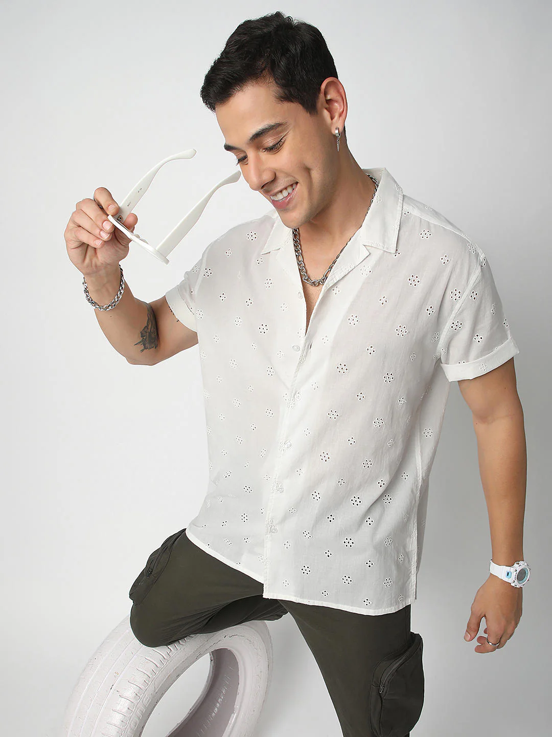 White Schiffli Oversized Notch Collar Shirt