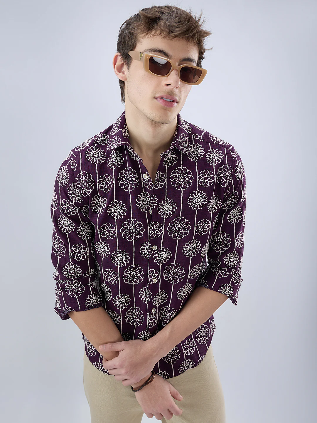 Wine Floral Embroidered Slub Shirt - Image 4