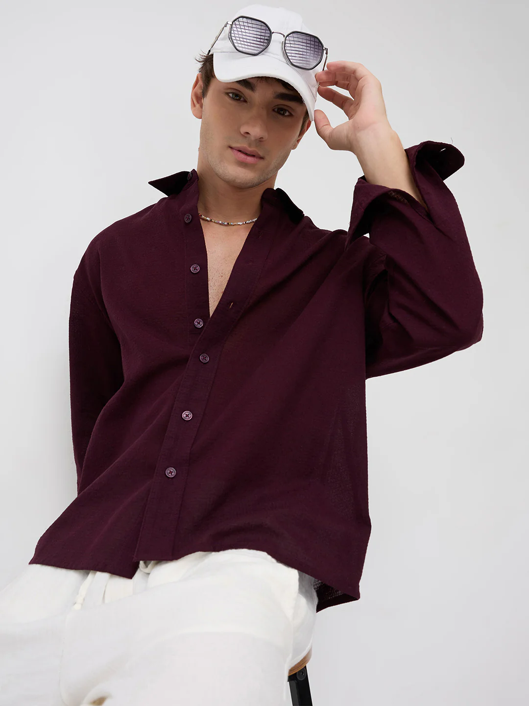 Wine Micro Jacquard Weave Boxy Fit Crop Shirt