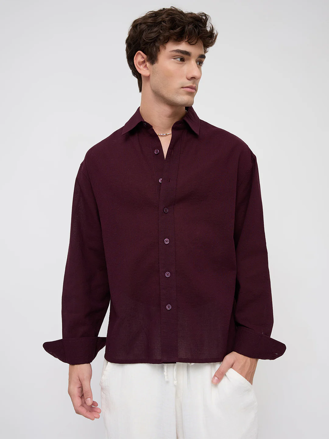 Wine Micro Jacquard Weave Boxy Fit Crop Shirt - Image 5