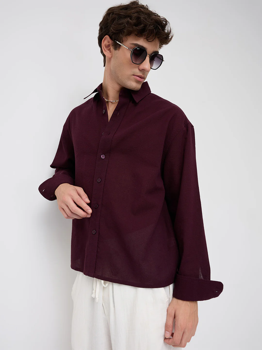 Wine Micro Jacquard Weave Boxy Fit Crop Shirt - Image 6
